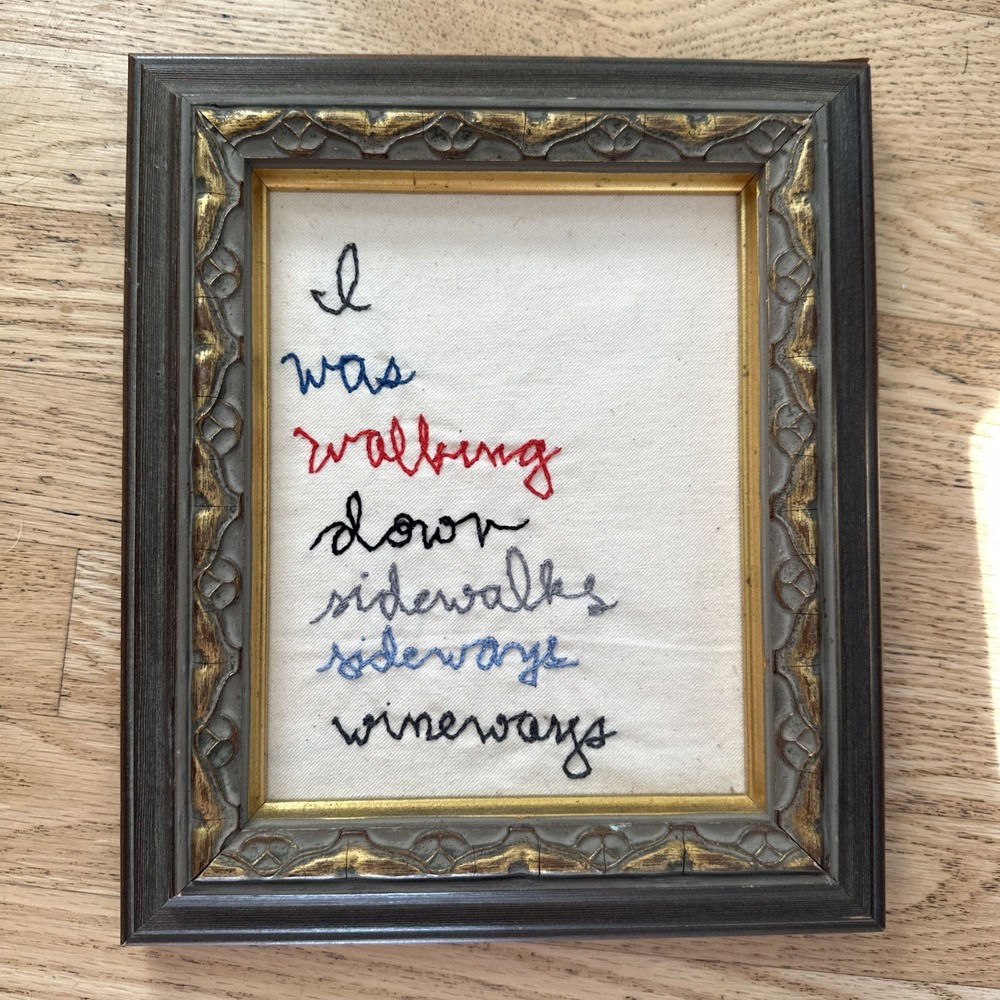 Vintage Embroidery Framed Art Wall Hanging Words Funny Humor Wine Drunk